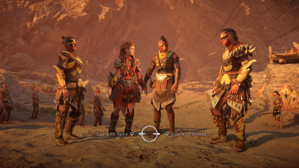 Aloy must choose between two Tenakth leaders earlier in the game knowing that only one will survive. (Horizon Forbidden West)