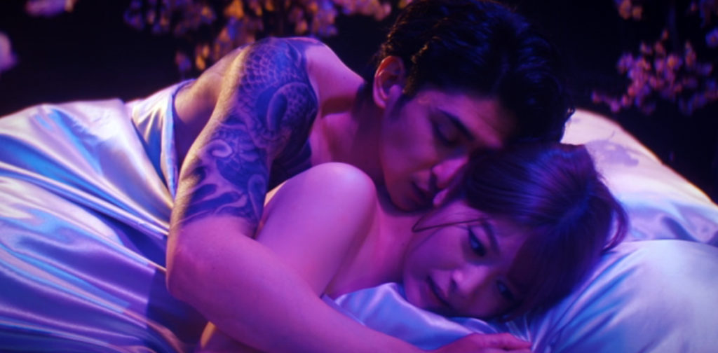 Yuri (Baba Fumika) frequently looks more pained than pleasured by Oya-san's dominating affections. Love scenes are loveless, cheesy, and prudish to appease conservative Japanese television standards and younger viewers. (Yakuza Lover)